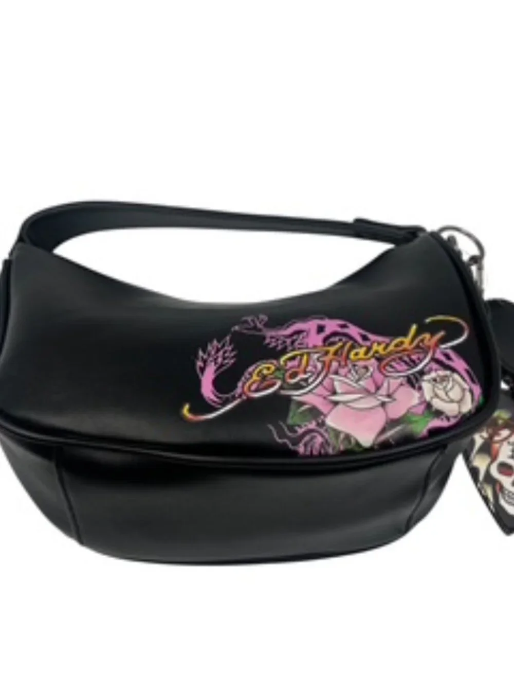 NEW Ed Hardy Crescent Hobo Bag Skull Rose Pink and Black tattoo Print Y2K Purse
